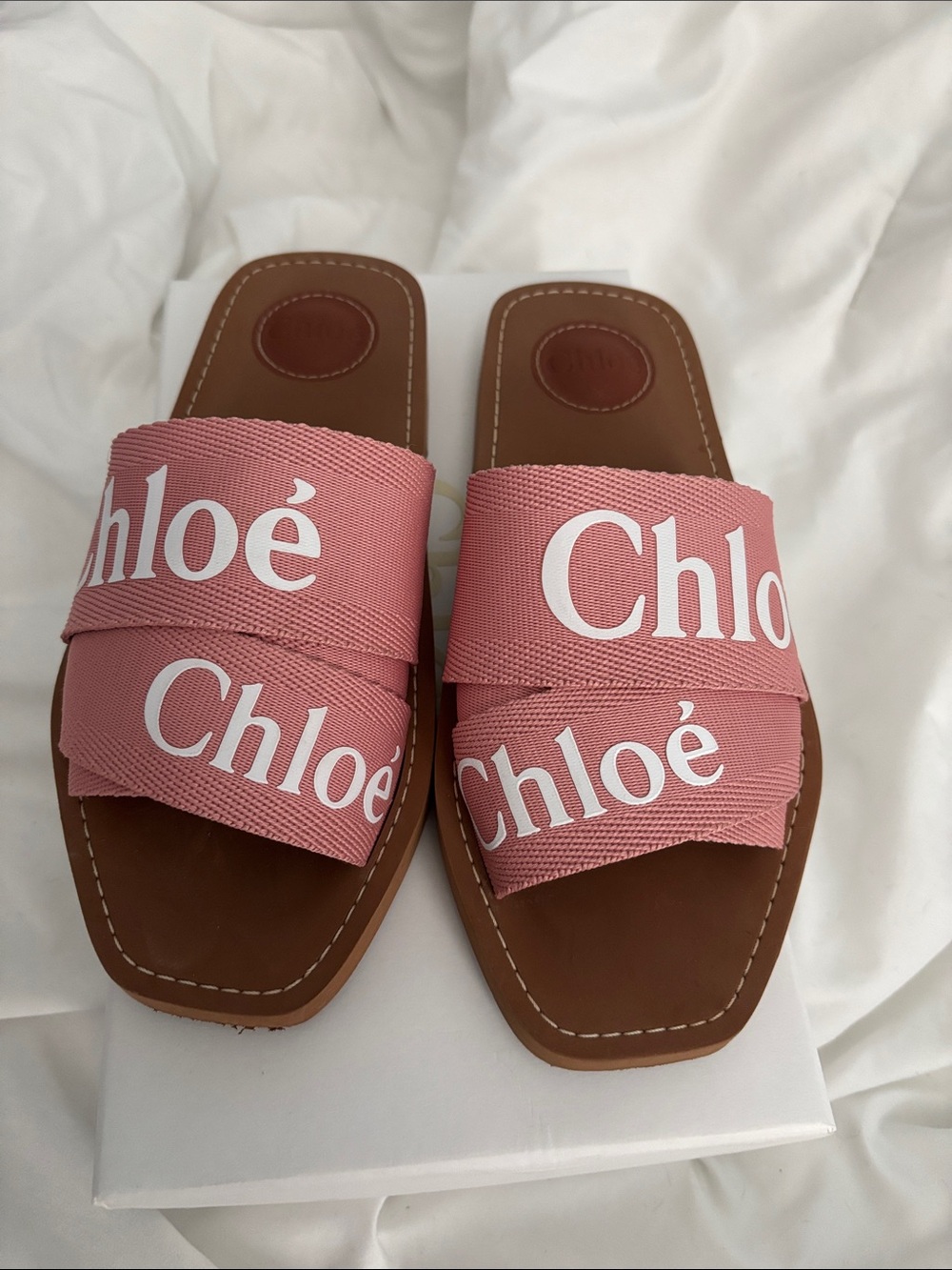 Chloé WOODY Pink Logo Canvas Slide Sandals